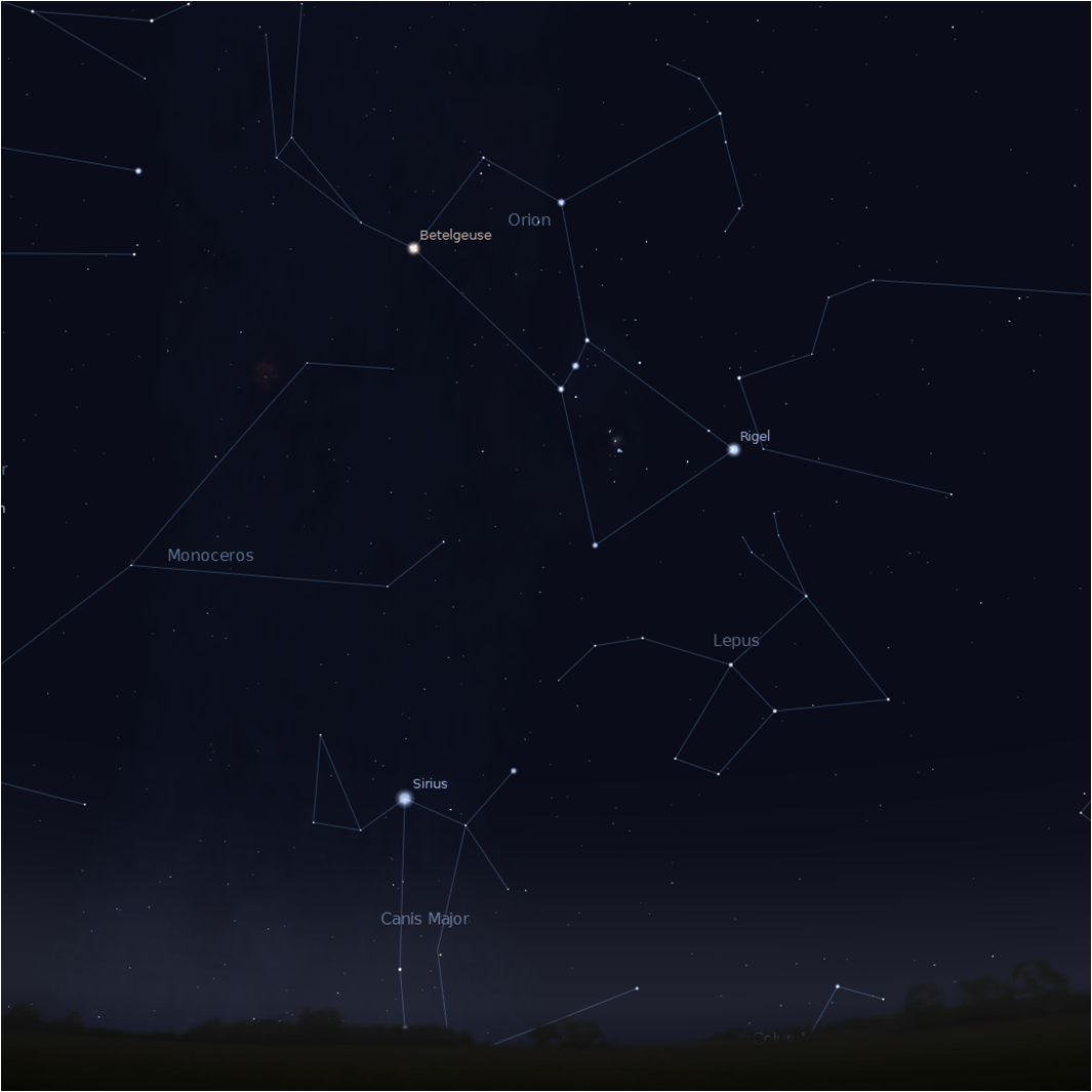 A chart showing where to look in the night sky to see Orion.